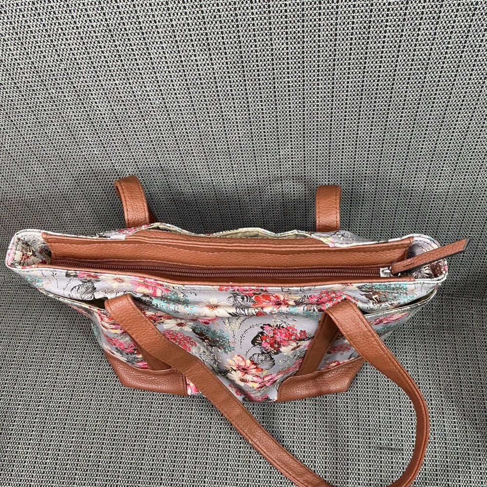 Rosetti Floral Tote Bag With Tan Faux Leather Accents & Multiple Pockets - Picture 9 of 11